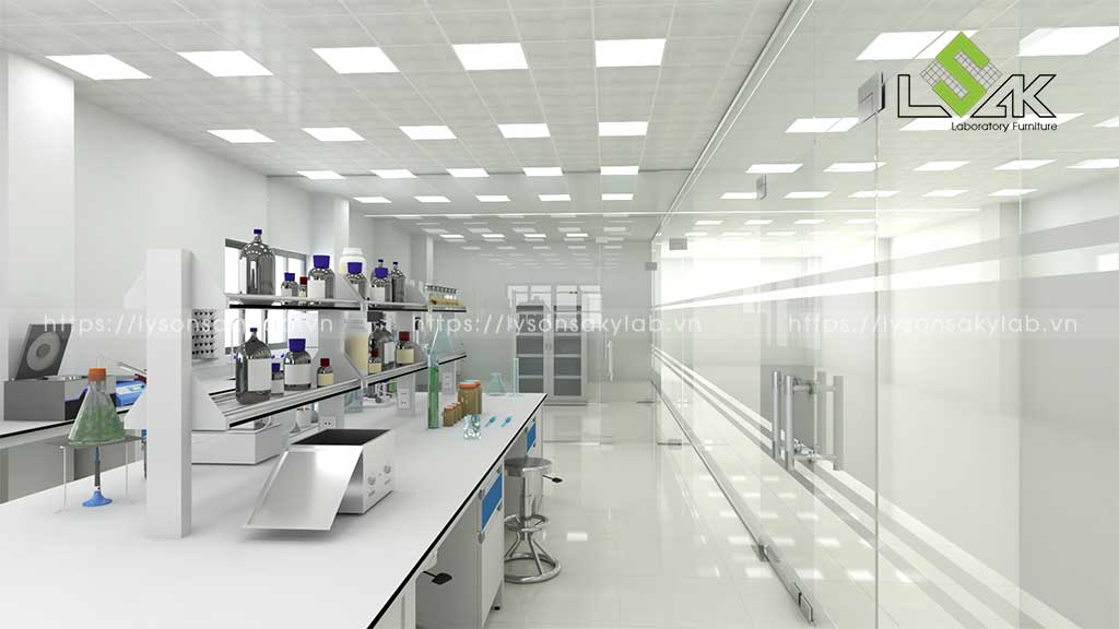 Bàn thí nghiệm trung tâm có kệ hóa chất 2 tầng nhà máy nước