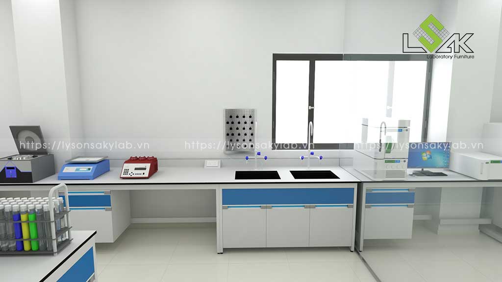 Dãy bàn thí nghiệm áp tường có bổn rửa đặt máy móc thiết bị dụng cụ thí nghiệm