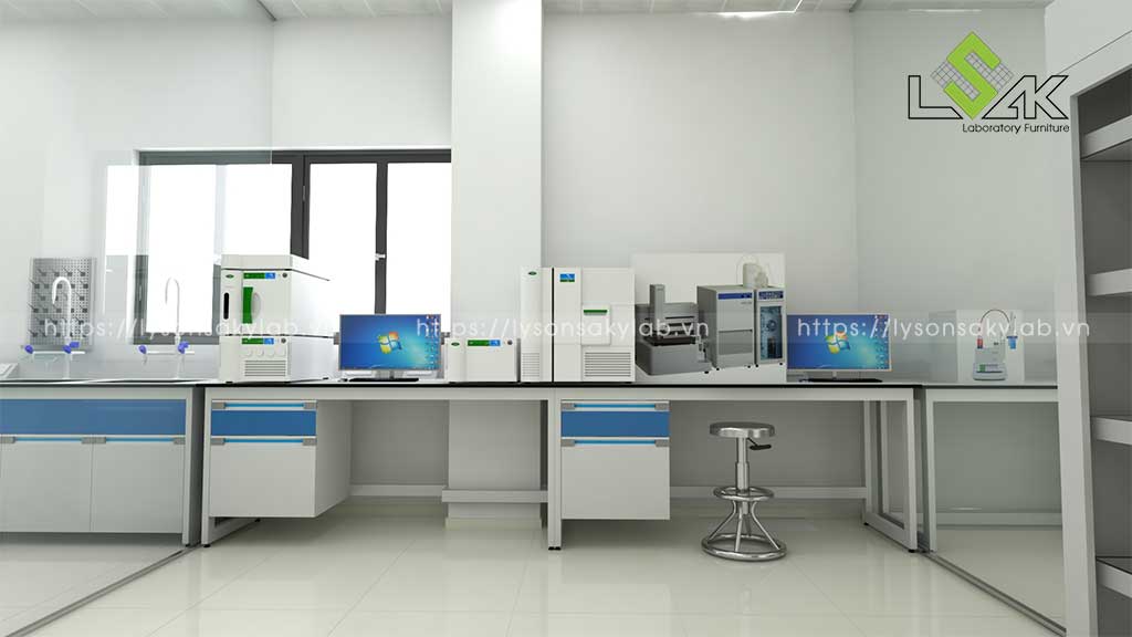 Dãy bàn thí nghiệm áp tường đặt máy móc thiết bị dụng cụ thí nghiệm