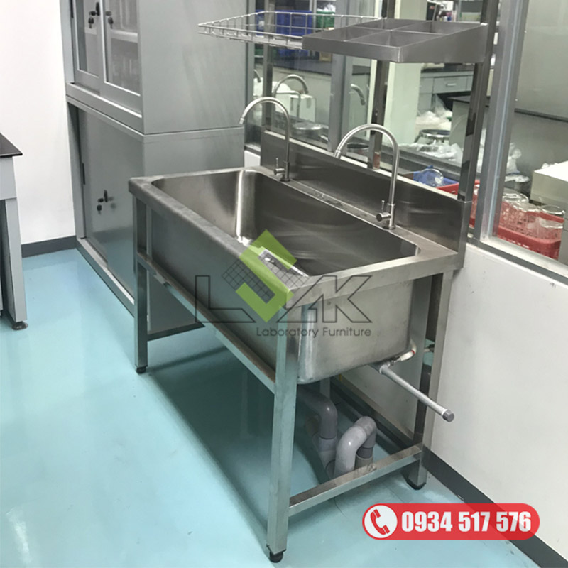 Chậu rửa dụng cụ nội soi, dụng cụ y tế inox 304 2 vòi rửa