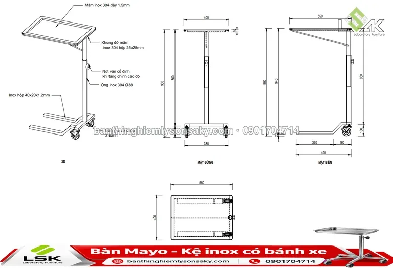 Bàn Mayo - Kệ inox có bánh xe thi công thực tế