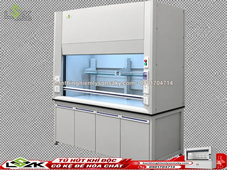 Tủ hút khí độc có kệ để hóa chất thi công thực tế
