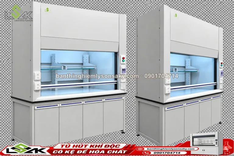 Tủ hút khí độc có kệ để hóa chất thi công thực tế